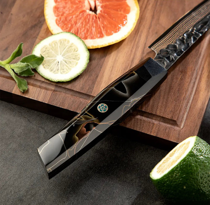 Damascus steel jewelry - Majestic Japanese Copper Damascus Chef Knife with Rare Raffir Noble Handle Handle - Shokunin USA
