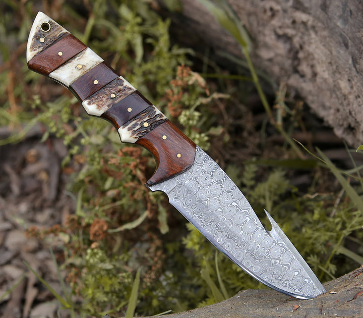 rosewood; stag horn; leather handle hunting – Sentinel Gut Hook Hunting Knife With Stag Horn &amp; Exotic Rose Wood Mosaic Handle – Shokunin USA