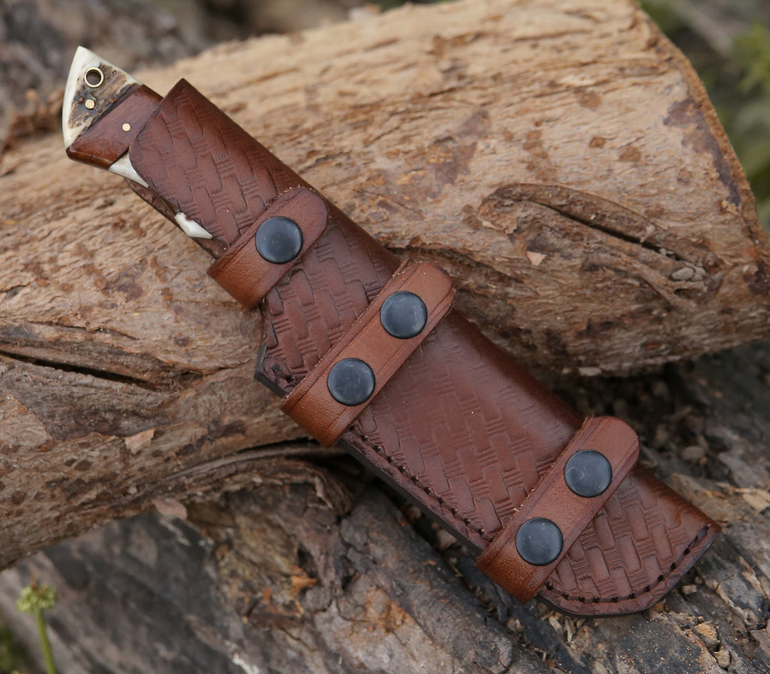hunting knife with horn handle - Sentinel Gut Hook Hunting Knife With Stag Horn &amp; Exotic Rose Wood Mosaic Handle - Shokunin USA