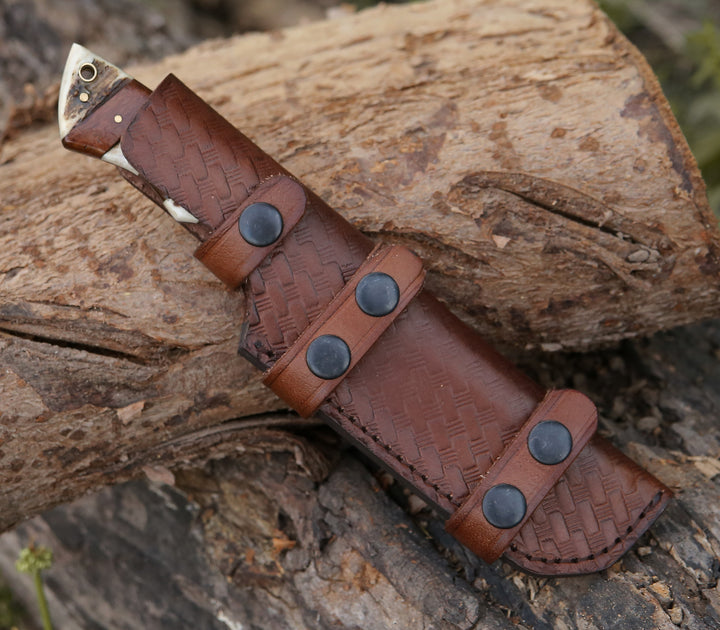 hunting knife with horn handle - Sentinel Gut Hook Hunting Knife With Stag Horn &amp; Exotic Rose Wood Mosaic Handle - Shokunin USA
