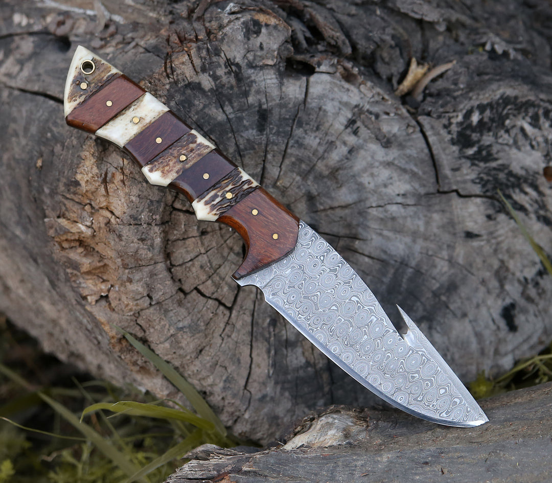 10 inch hunting knife with horn handle - Sentinel Gut Hook Hunting Knife With Stag Horn &amp; Exotic Rose Wood Mosaic Handle - Shokunin USA