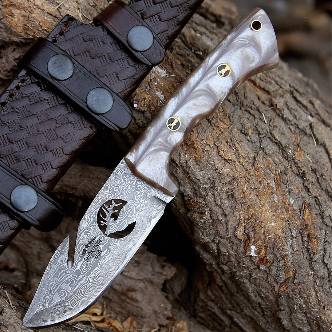 Fusion Gut Hook Hunting Knife with Mother of Pearl Handle - Shokunin USA