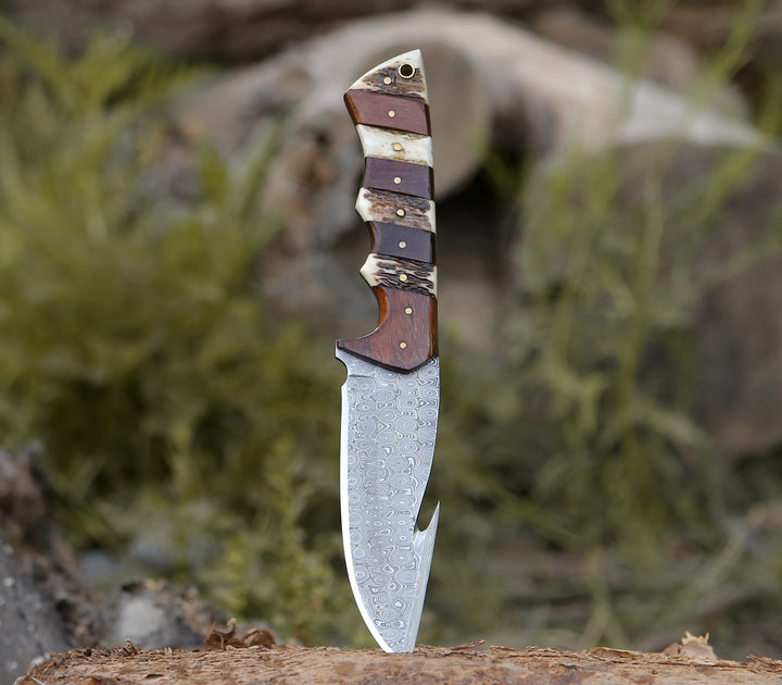 10 inch hunting knife with rose wood handle - Sentinel Gut Hook Hunting Knife With Stag Horn &amp; Exotic Rose Wood Mosaic Handle - Shokunin USA