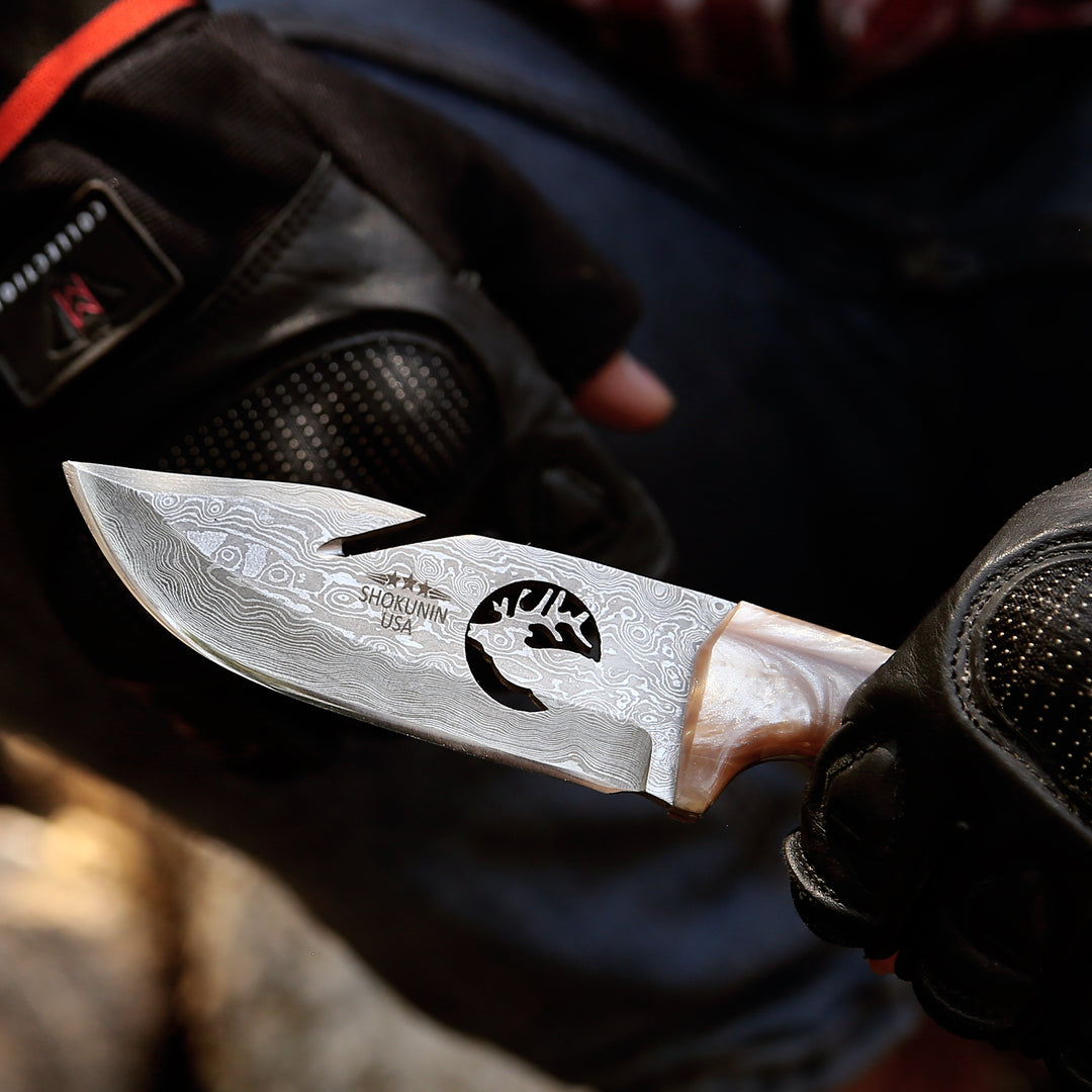 Fusion Gut Hook Hunting Knife with Mother of Pearl Handle - Shokunin USA