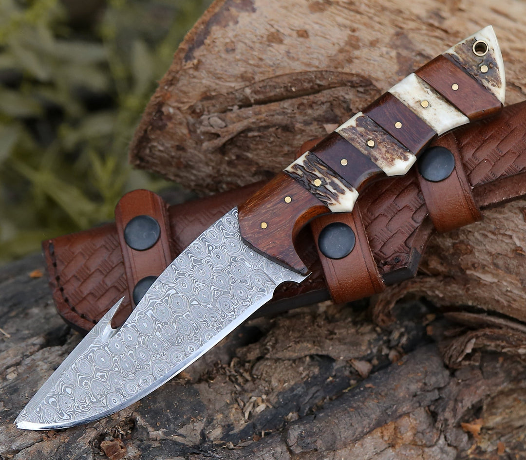 Damascus Knife - Sentinel Gut Hook Hunting Knife With Stag Horn & Exotic Rose Wood Mosaic Handle - Shokunin USA