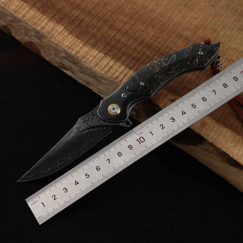 Venom Japanese Damascus Pocket Knife with Stained Maple Burl Wood Handle