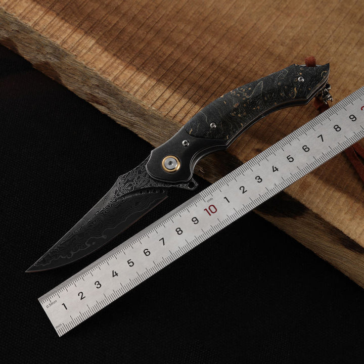 Venom Japanese Damascus Pocket Knife with Stained Maple Burl Wood Handle