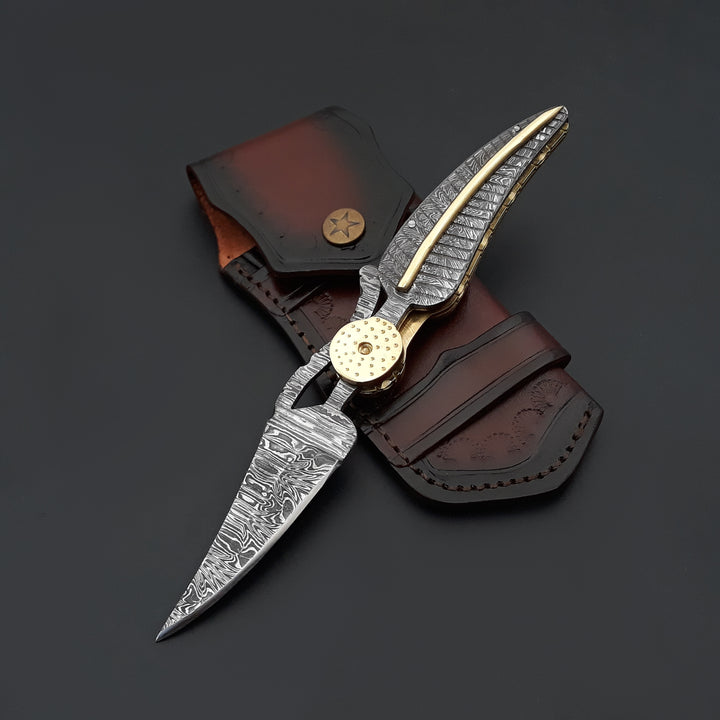 Elegance Handmade Personalized Damascus Folding Hunting Knife with Damascus Handle - Shokunin USA