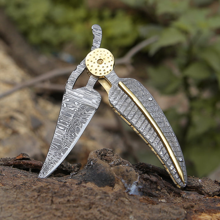 Elegance Handmade Personalized Damascus Folding Hunting Knife with Damascus Handle - Shokunin USA