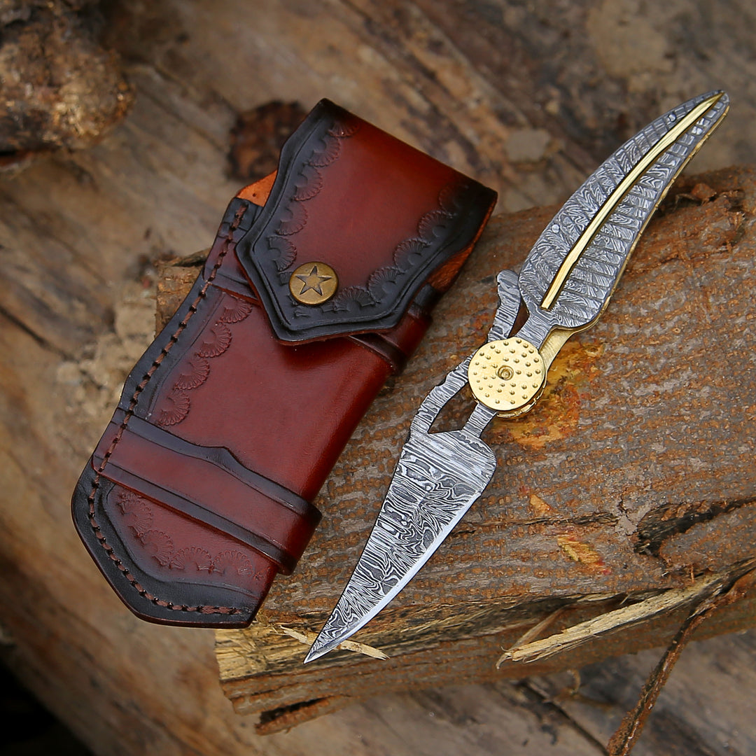 Elegance Handmade Personalized Damascus Folding Hunting Knife with Damascus Handle - Shokunin USA