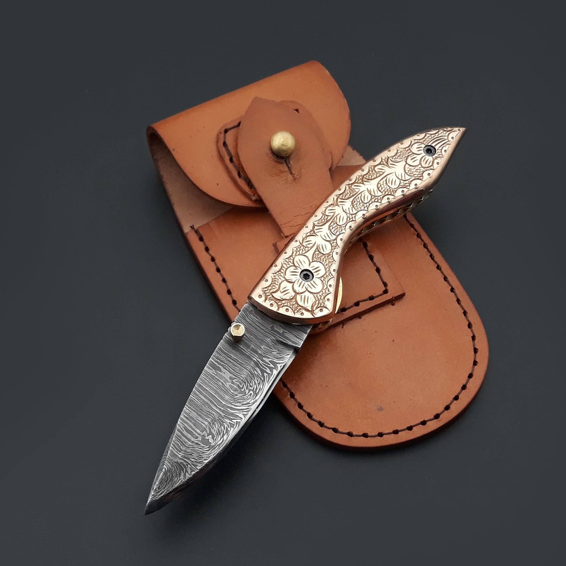 Pixel Copper Damascus Pocket Knife with Engraved Copper Handle - Shokunin USA