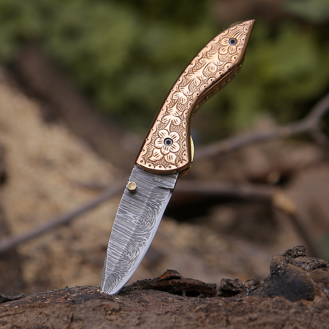 Pixel Copper Damascus Pocket Knife with Engraved Copper Handle - Shokunin USA