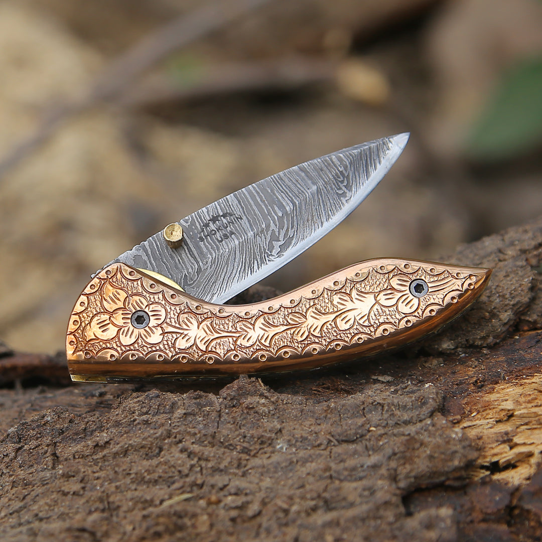 Pixel Copper Damascus Pocket Knife with Engraved Copper Handle - Shokunin USA