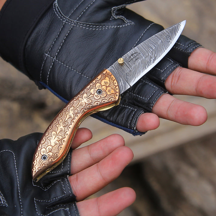 Pixel Copper Damascus Pocket Knife with Engraved Copper Handle - Shokunin USA