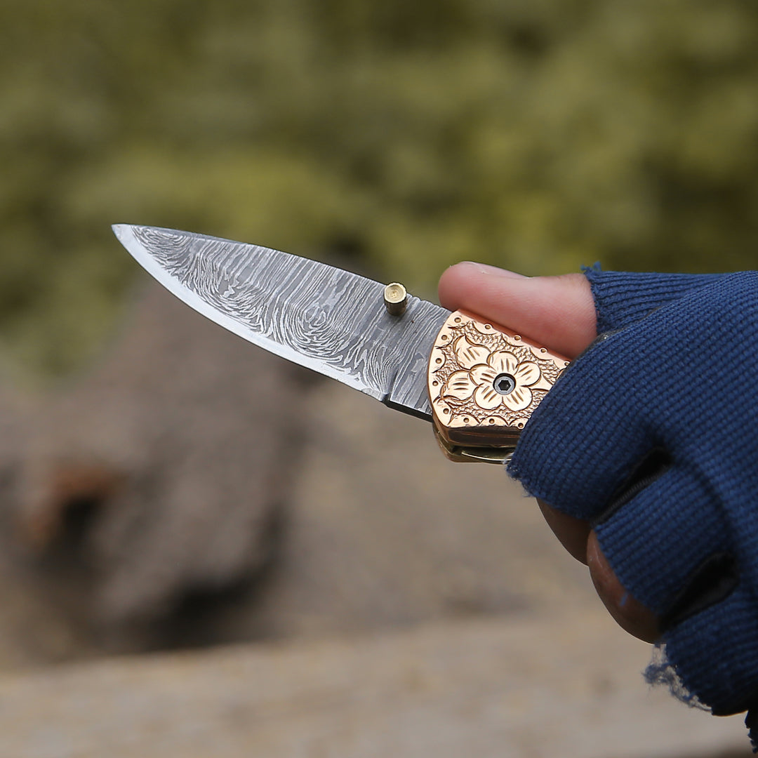 Pixel Copper Damascus Pocket Knife with Engraved Copper Handle - Shokunin USA