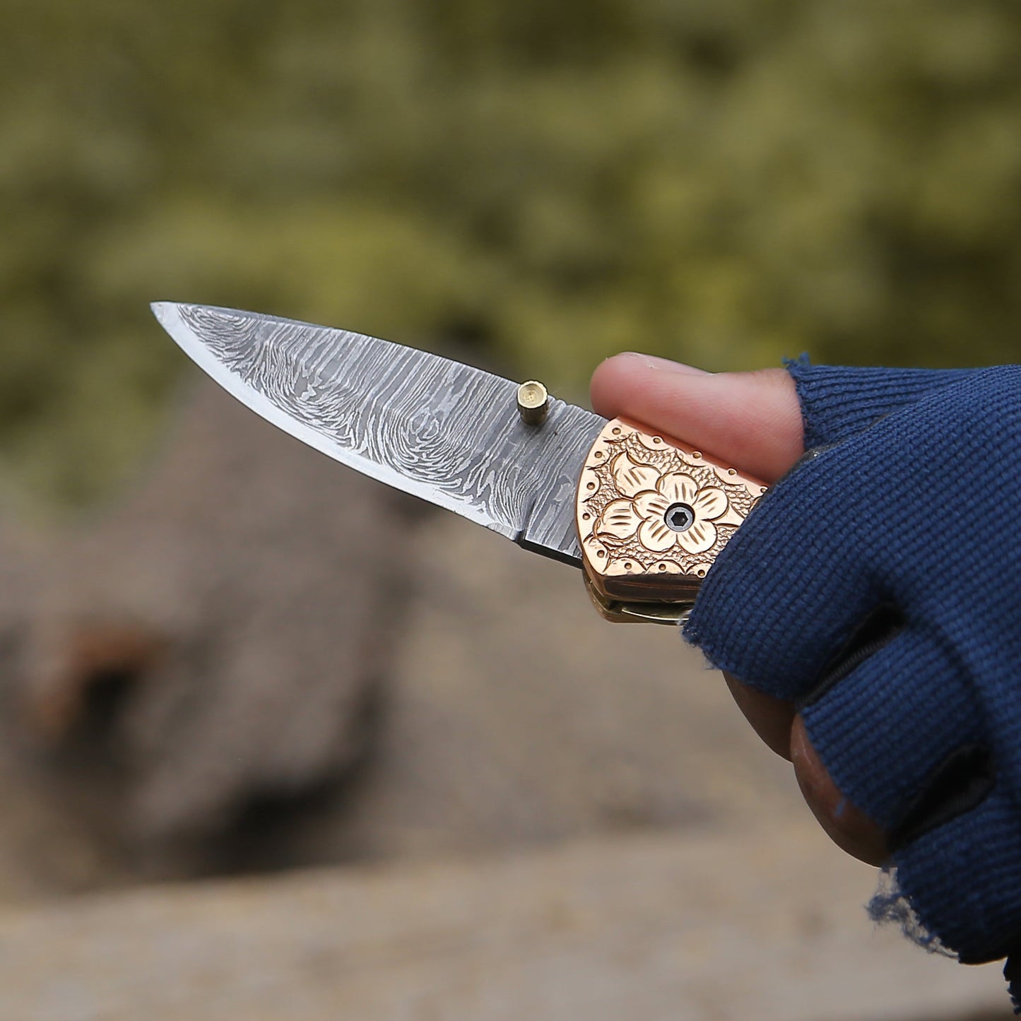 Utility Knife - Pixel Copper Damascus Pocket Knife with Engraved Copper Handle - Shokunin USA