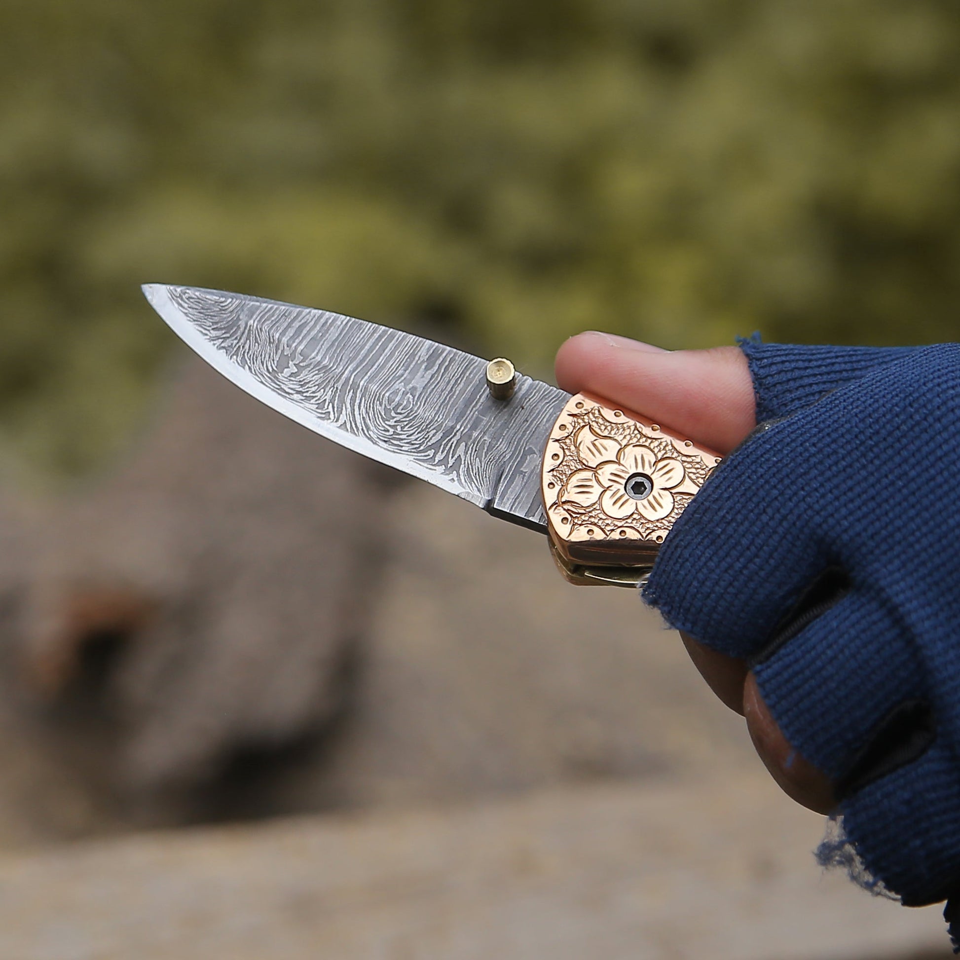Utility Knife - Pixel Copper Damascus Pocket Knife with Engraved Copper Handle - Shokunin USA