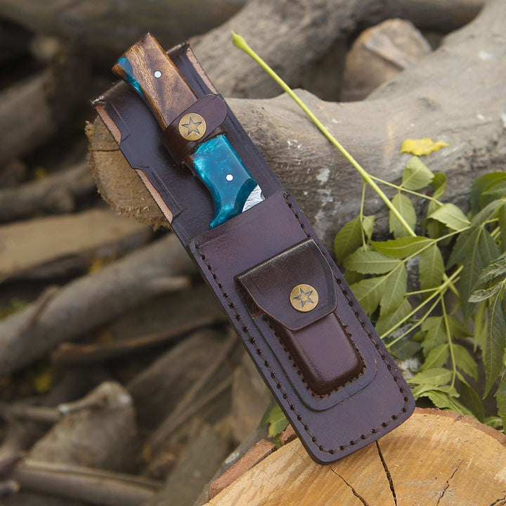 Damascus Knife - Zephyr Damascus Hunting Knife with Exotic Rose Wood &amp; Resin Handle - Shokunin USA