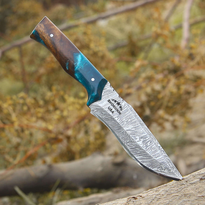 Damascus Knife - Zephyr Damascus Hunting Knife with Exotic Rose Wood &amp; Resin Handle - Shokunin USA