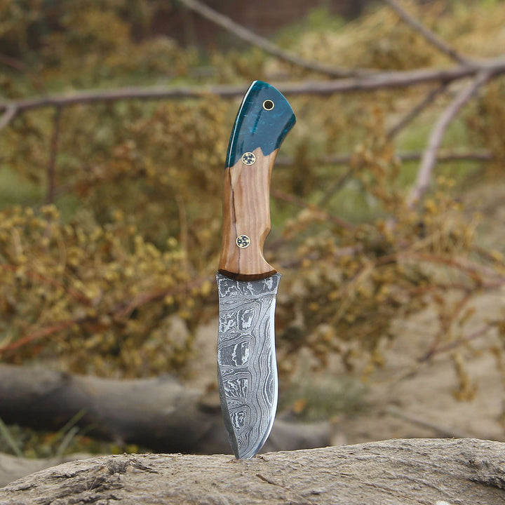 custom Damascus hunting knives - Breeze Hunting Knife with Exotic Olive Wood &amp; Resin Handle - Shokunin USA