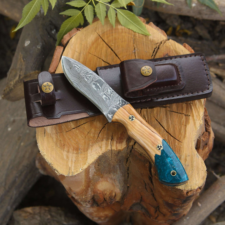 Damascus Knife - Breeze Hunting Knife with Exotic Olive Wood &amp; Resin Handle - Shokunin USA