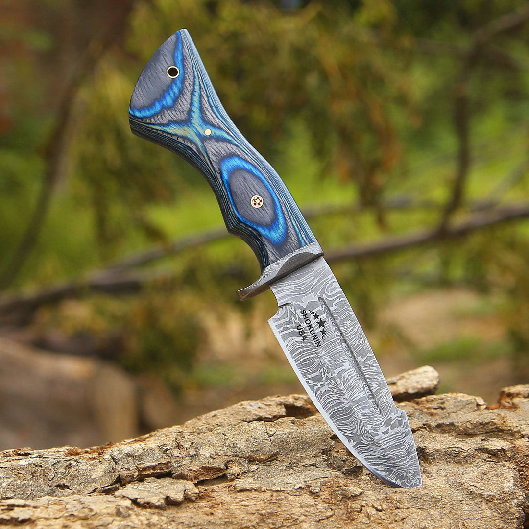 Damascus Knife - Hellcat Handmade Damascus Hunting Knife with Hardwood Handle &amp; Leather Sheath - Shokunin USA