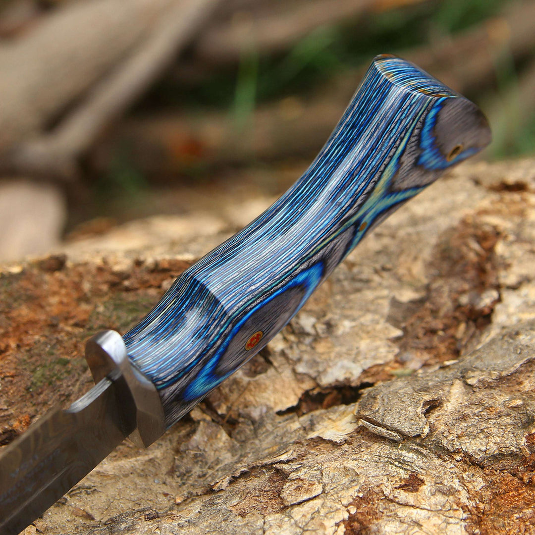 Damascus Knife - Hellcat Handmade Damascus Hunting Knife with Hardwood Handle &amp; Leather Sheath - Shokunin USA
