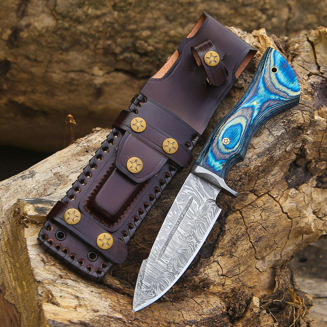 Damascus Knife - Hellcat Handmade Damascus Hunting Knife with Hardwood Handle & Leather Sheath - Shokunin USA