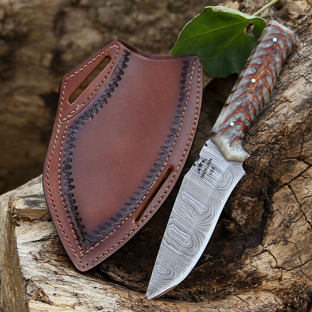 Damascus Knife - Golden Reaper Damascus Steel Fixed Blade Hunting Knife with Pine Cone handle & Leather Sheath - Shokunin USA