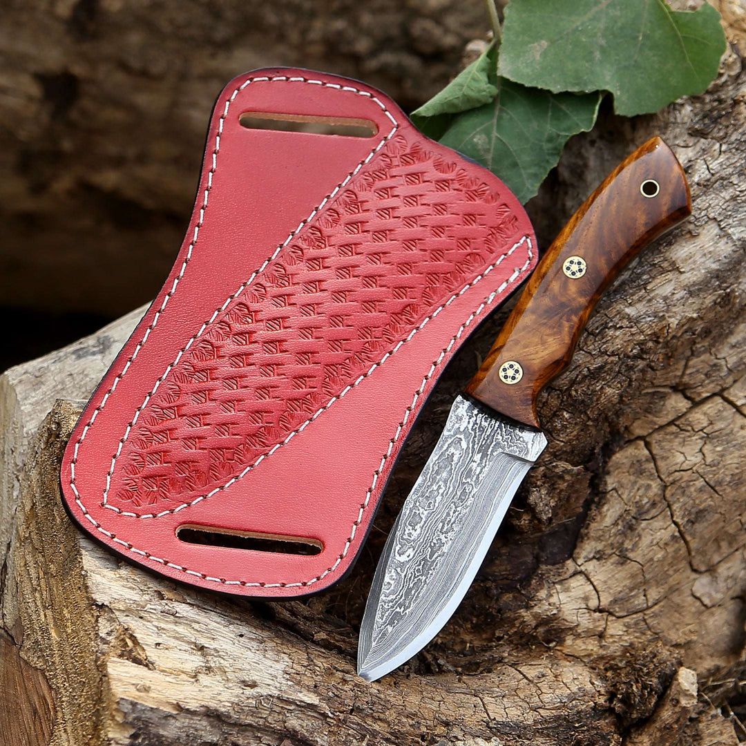 Damascus Knife - Sky piercer Hunting Knife 1095 Damascus Steel with Rosewood Handle & Leather Sheath - Shokunin USA