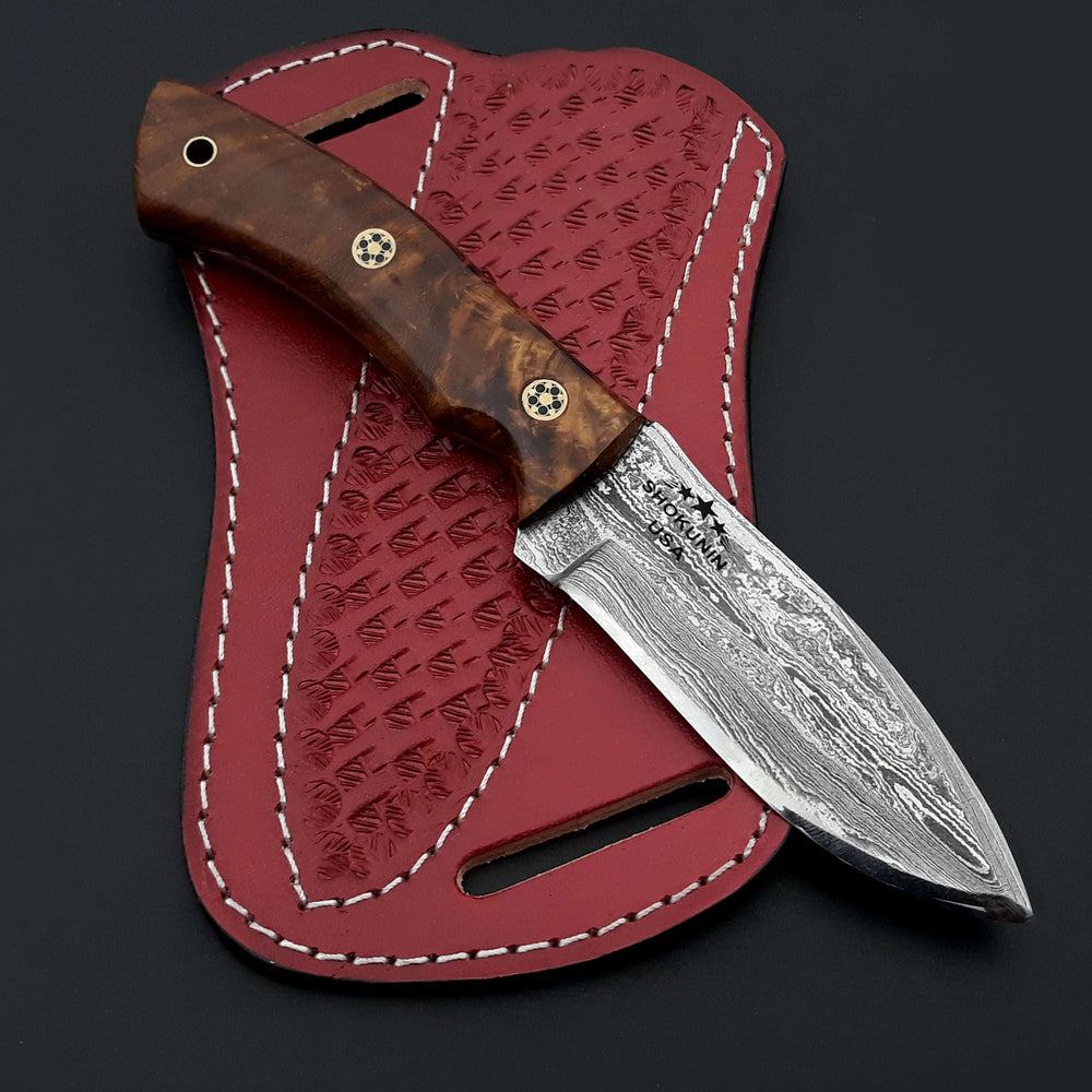 Damascus Knife - Sky piercer Hunting Knife 1095 Damascus Steel with Rosewood Handle & Leather Sheath - Shokunin USA