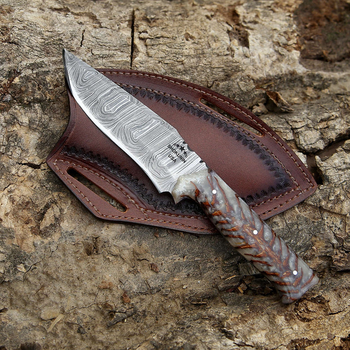 Damascus Knife - Golden Reaper Damascus Steel Fixed Blade Hunting Knife with Pine Cone handle &amp; Leather Sheath - Shokunin USA