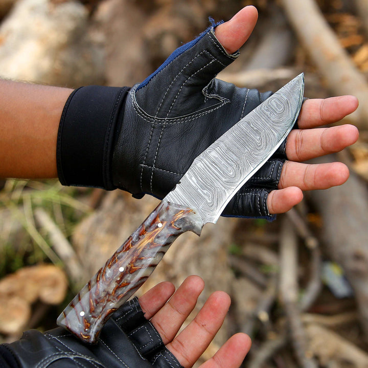 Damascus Knife - Golden Reaper Damascus Steel Fixed Blade Hunting Knife with Pine Cone handle &amp; Leather Sheath - Shokunin USA