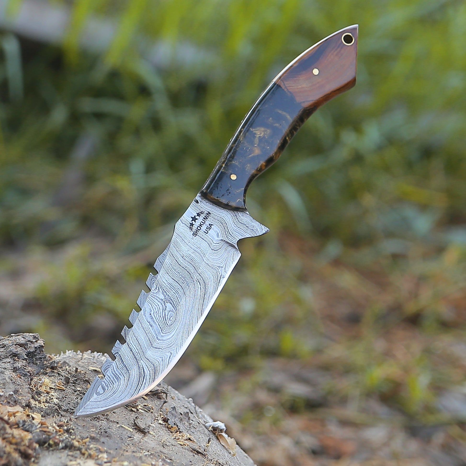 Utility Knife - Morph Damascus Knife with Exotic Rose Wood & Resin Handle - Shokunin USA