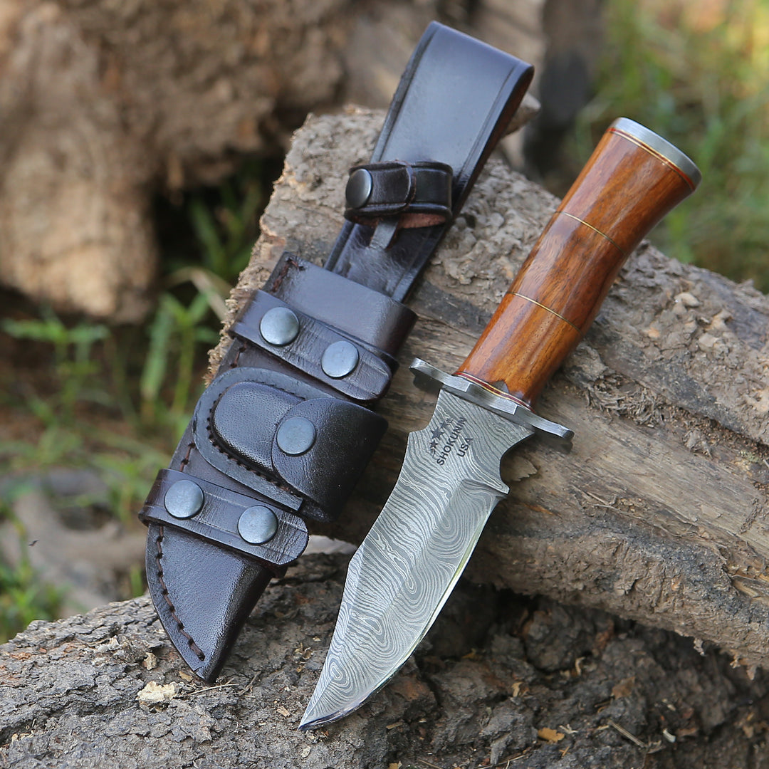 Hornet Custom Damascus Hunting Knife with Exotic Rose Wood Handle & Sheath - Shokunin USA