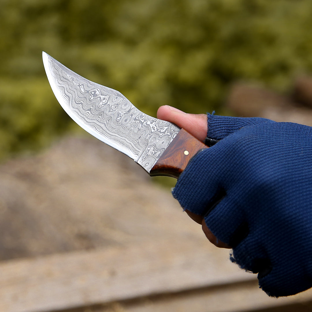 Mangler Damascus Hunting Knife with Rose Wood &amp; Stag Horn Handle - Shokunin USA