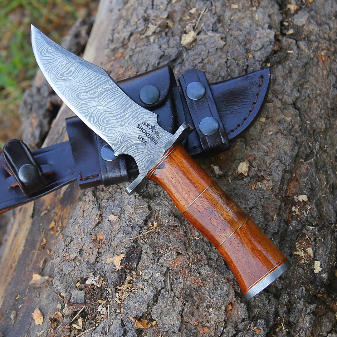 Hornet Custom Damascus Hunting Knife with Exotic Rose Wood Handle &amp; Sheath - Shokunin USA
