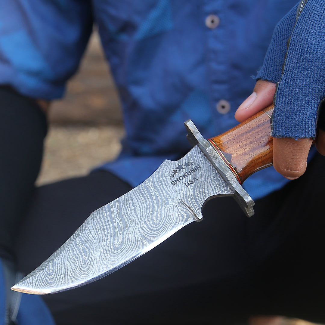 Hornet Custom Damascus Hunting Knife with Exotic Rose Wood Handle &amp; Sheath - Shokunin USA
