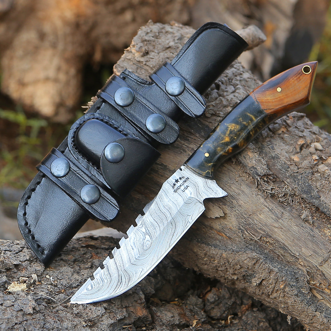 Morph Damascus Knife with Exotic Rose Wood & Resin Handle - Shokunin USA