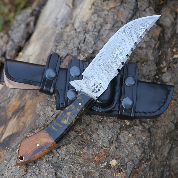 Morph Damascus Knife with Exotic Rose Wood &amp; Resin Handle - Shokunin USA