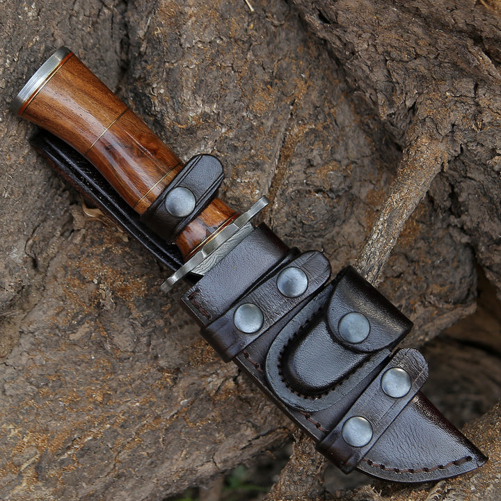 Hornet Custom Damascus Hunting Knife with Exotic Rose Wood Handle &amp; Sheath - Shokunin USA