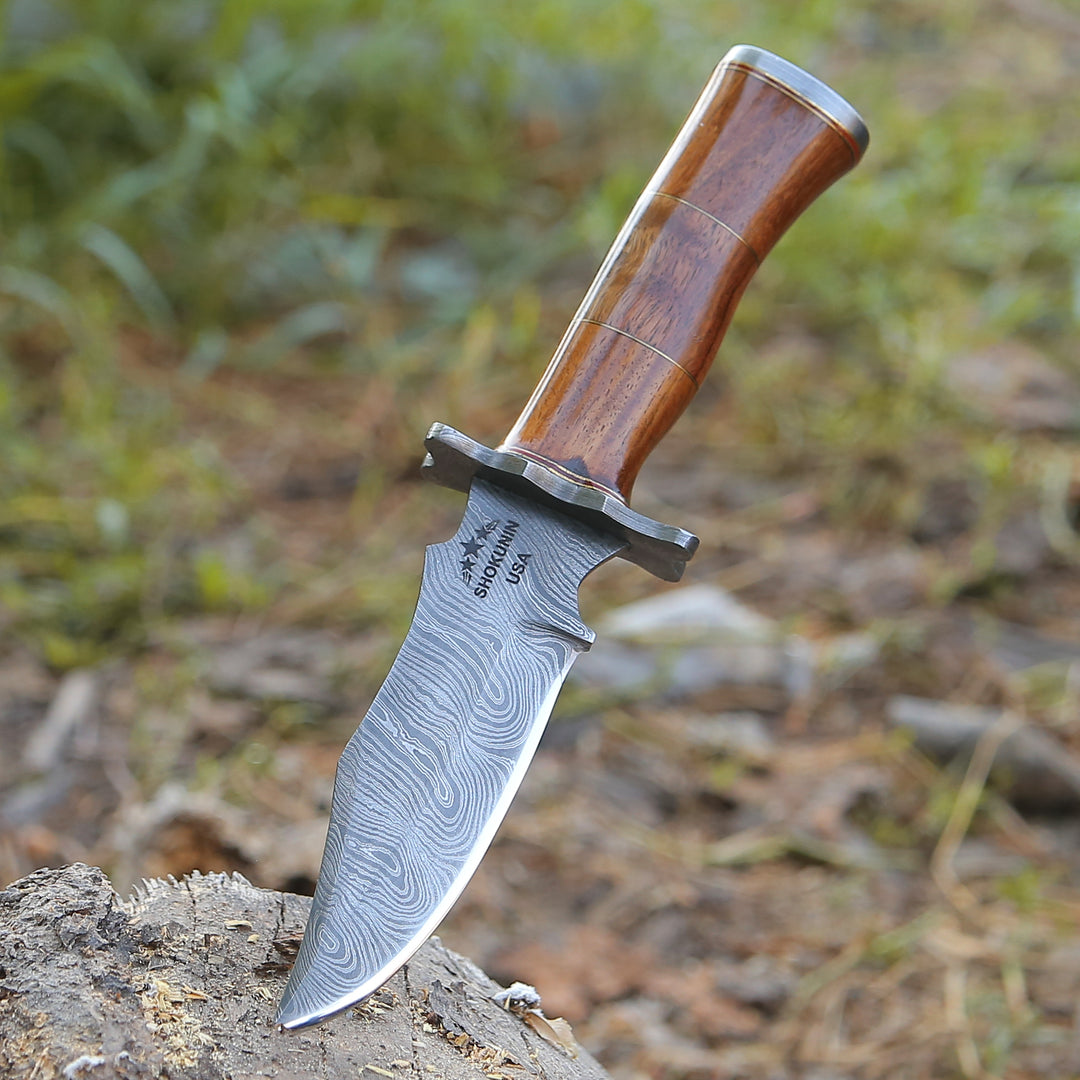 Hornet Custom Damascus Hunting Knife with Exotic Rose Wood Handle &amp; Sheath - Shokunin USA