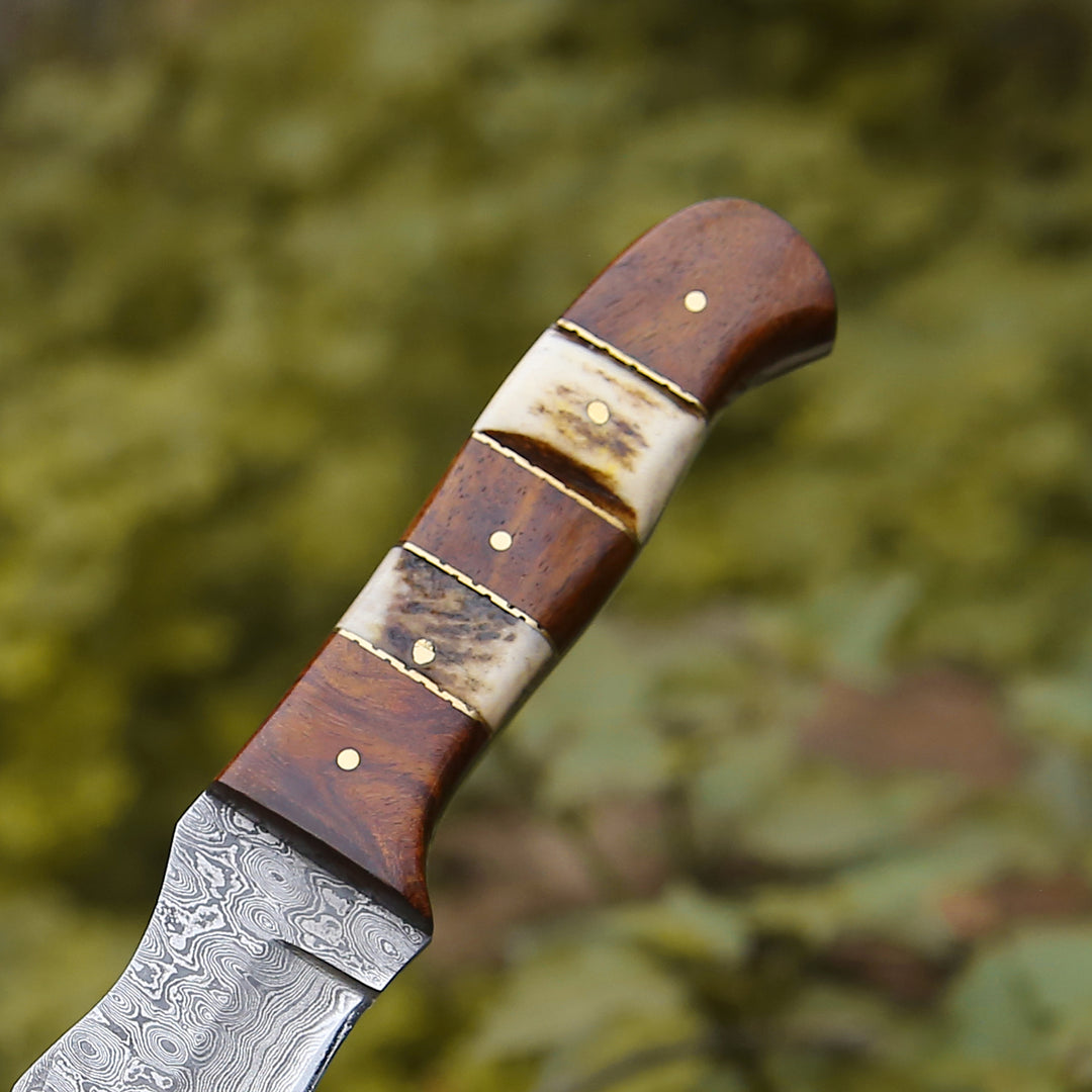 Mangler Damascus Hunting Knife with Rose Wood &amp; Stag Horn Handle - Shokunin USA