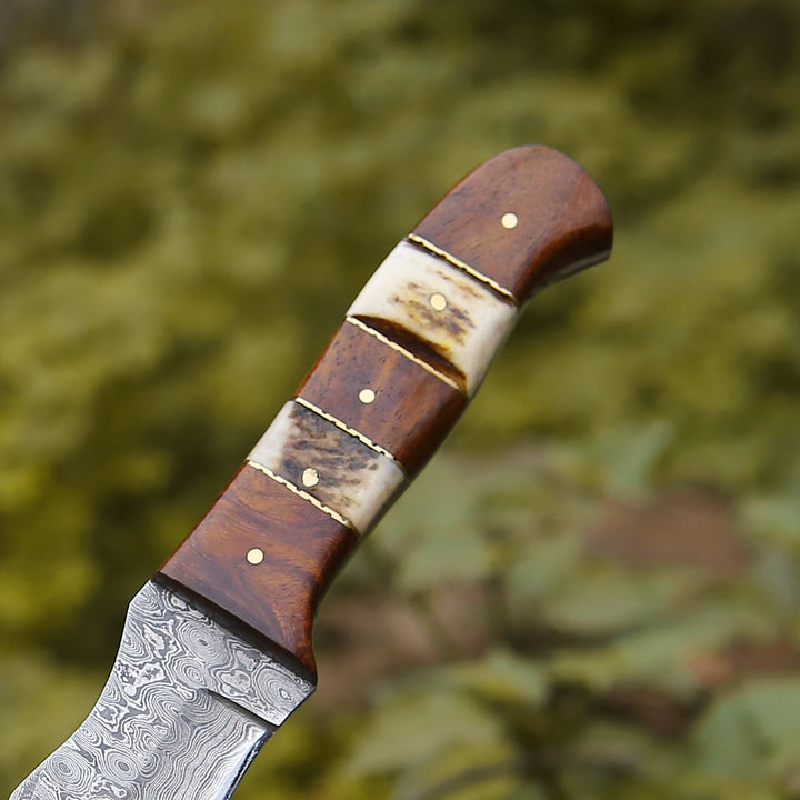 Mangler Damascus Hunting Knife with Rose Wood &amp; Stag Horn Handle - Shokunin USA