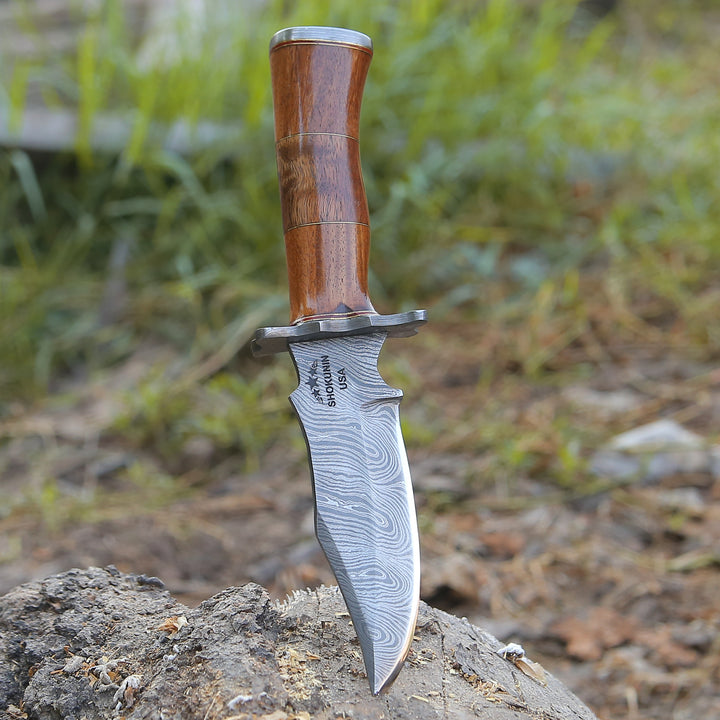 Hornet Custom Damascus Hunting Knife with Exotic Rose Wood Handle &amp; Sheath - Shokunin USA