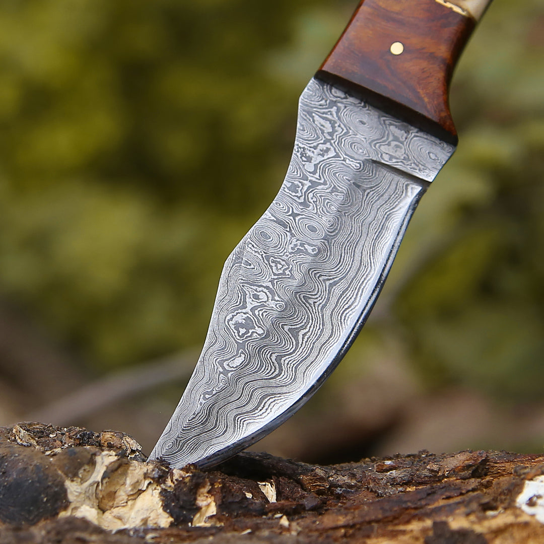 Mangler Damascus Hunting Knife with Rose Wood &amp; Stag Horn Handle - Shokunin USA