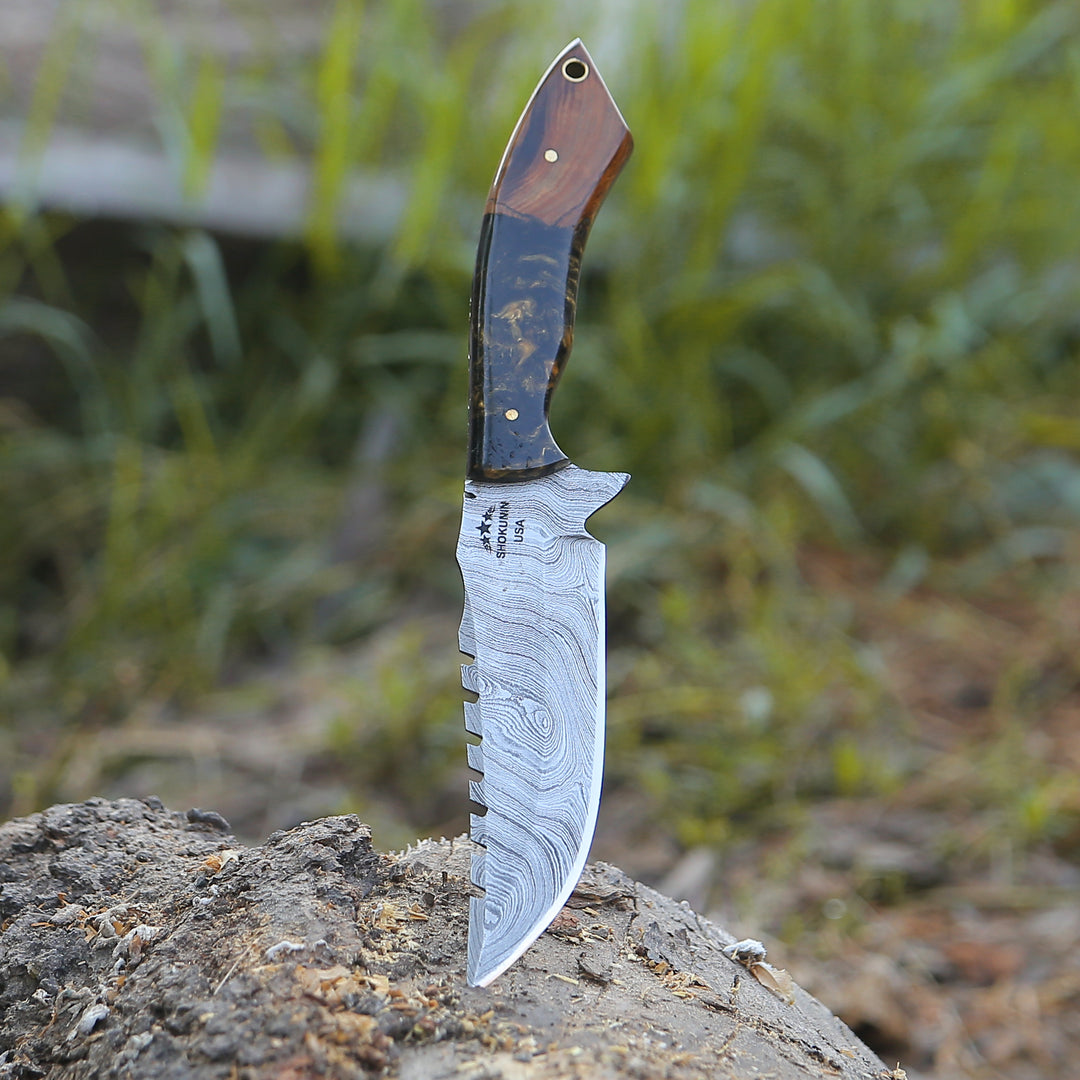 Morph Damascus Knife with Exotic Rose Wood &amp; Resin Handle - Shokunin USA