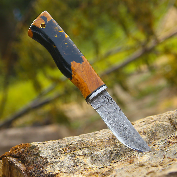 Damascus Knife - Predator Damascus Steel Knife with Exotic Olive Wood Burl &amp; Resin Handle - Shokunin USA