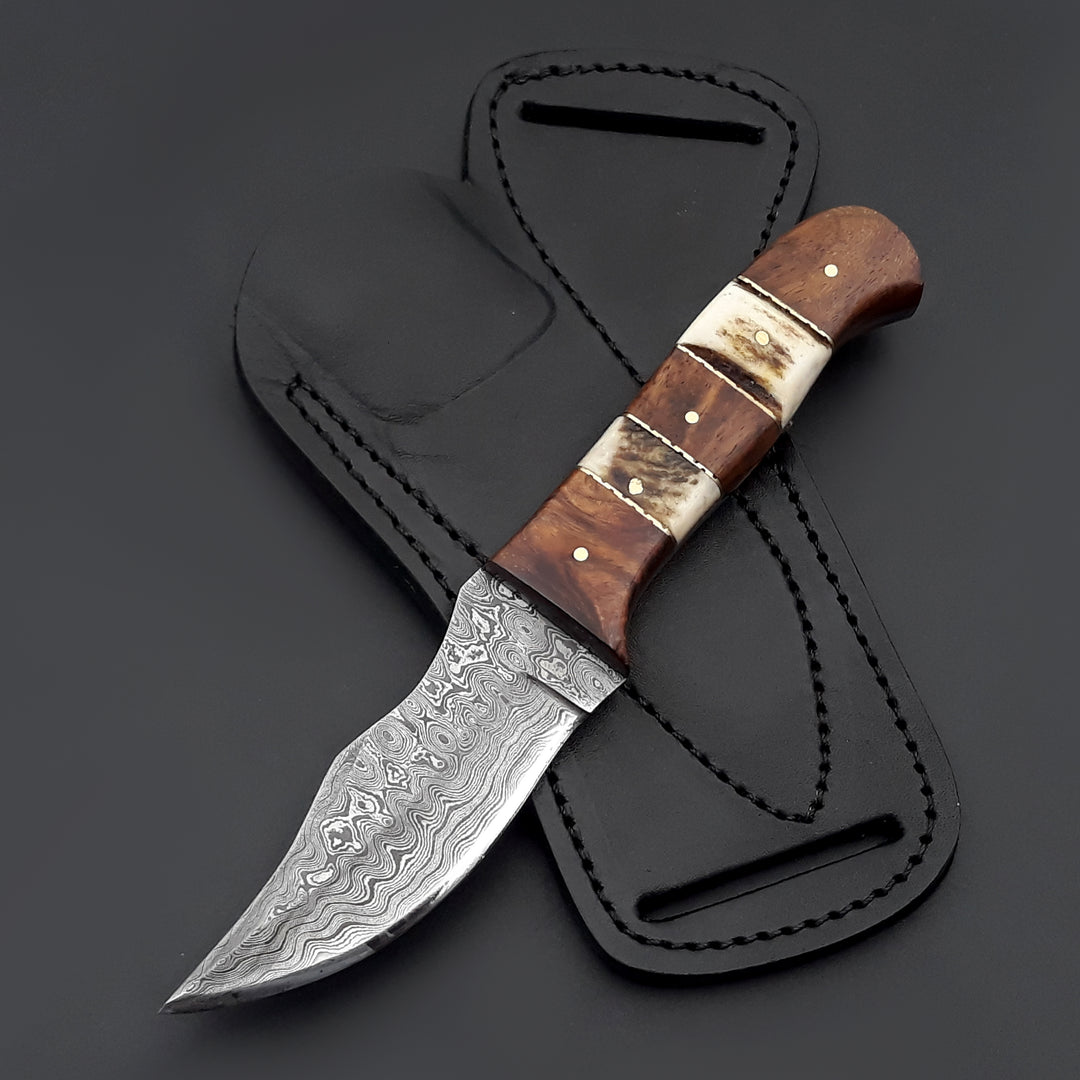 Mangler Damascus Hunting Knife with Rose Wood & Stag Horn Handle - Shokunin USA