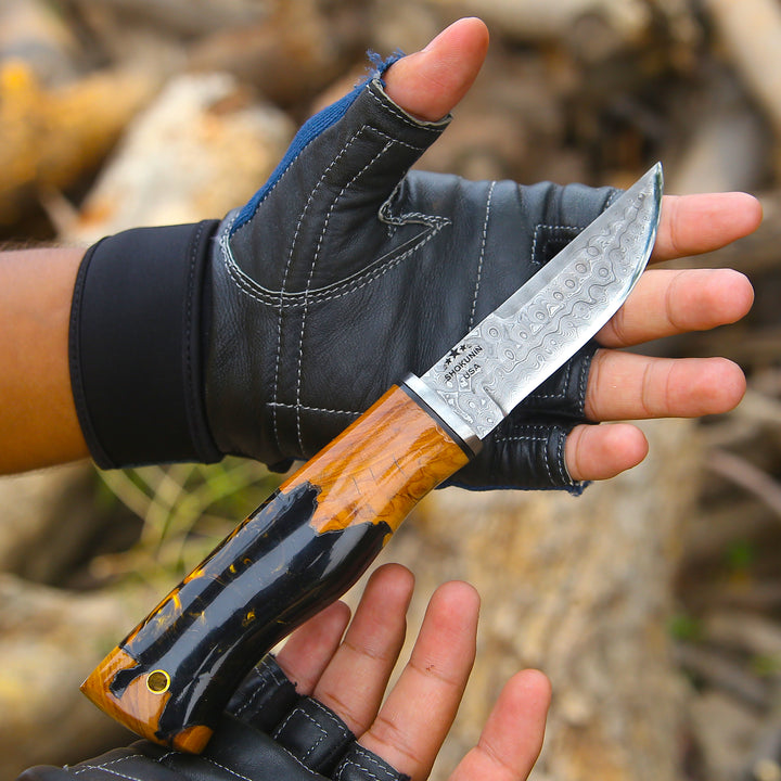 Damascus Knife - Predator Damascus Steel Knife with Exotic Olive Wood Burl &amp; Resin Handle - Shokunin USA